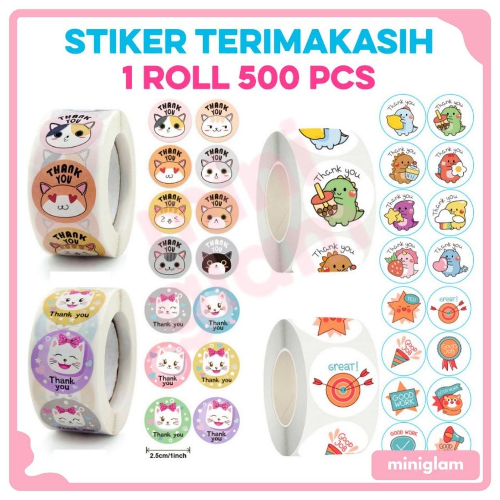 

MGLAM - Sticker Roll 500 PCS Stiker Thankyou Terima Kasih Karakter Lucu Unik Sanrio Dino Cat【ST001】