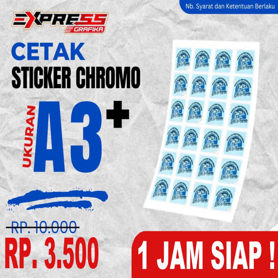 

CETAK STIKER LABEL CROMO (TIDAK TAHAN AIR) A3+ LAMINATING PLUS POTONG PUTUS