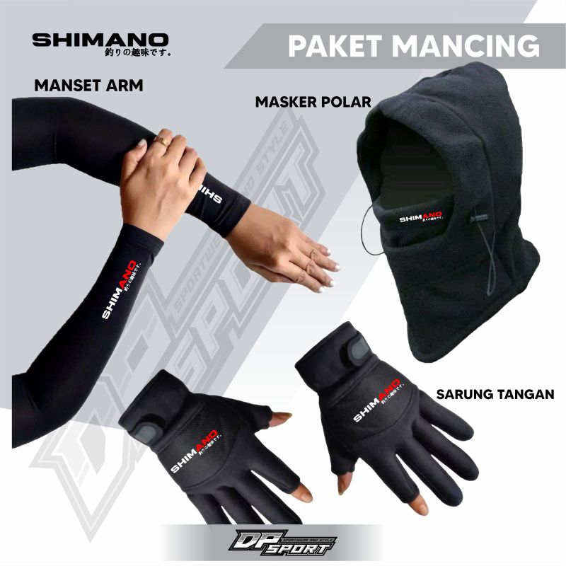 New Paket Lengkap 3 in 1 Buff Masker Polar, Deker Tangan Arm Sleeve Dan Sarung Tangan Shimano Jepang