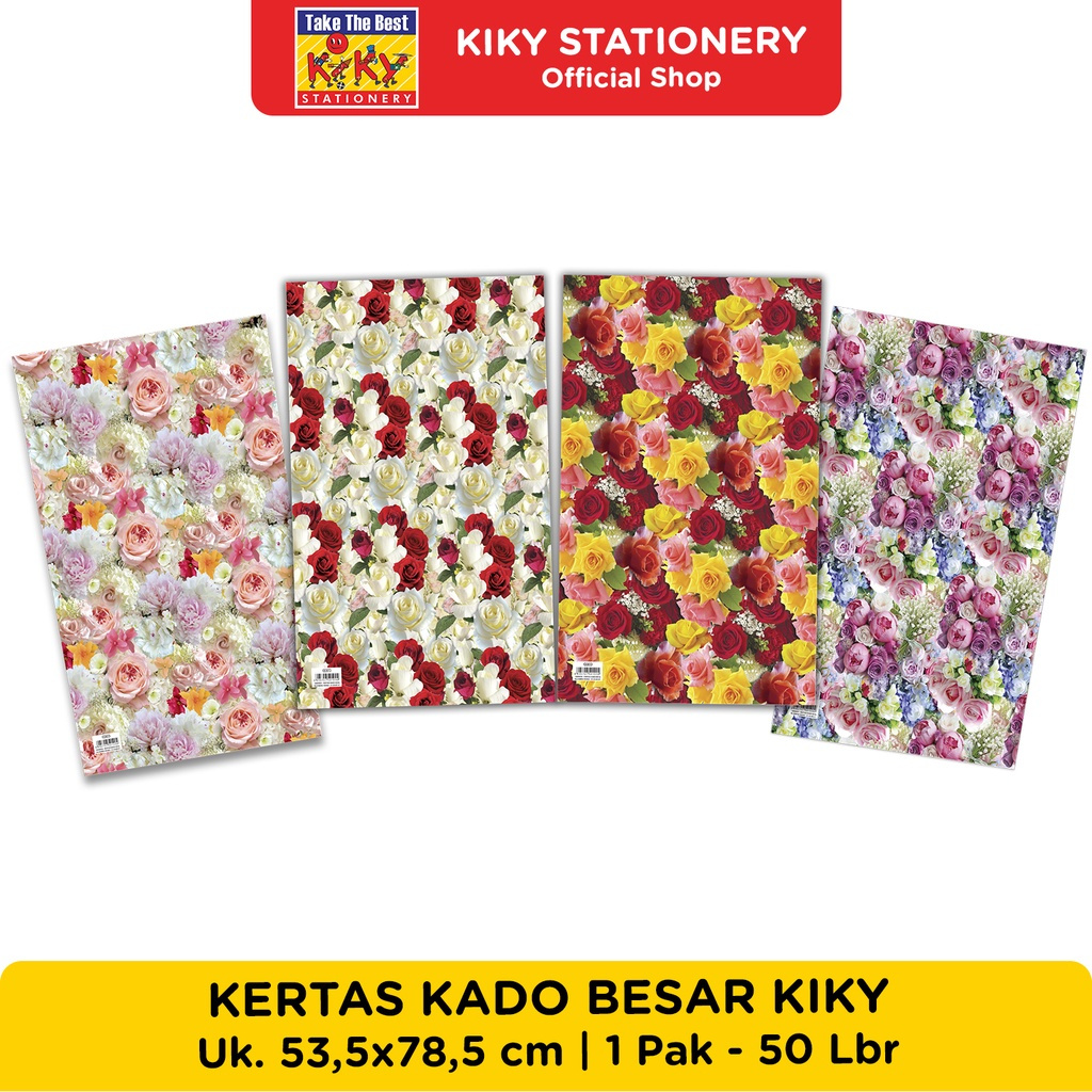 

Kertas Kado merek kiky Besar Ukuran (Uk. 53.5 x 78.5 cm) per 50 lembar