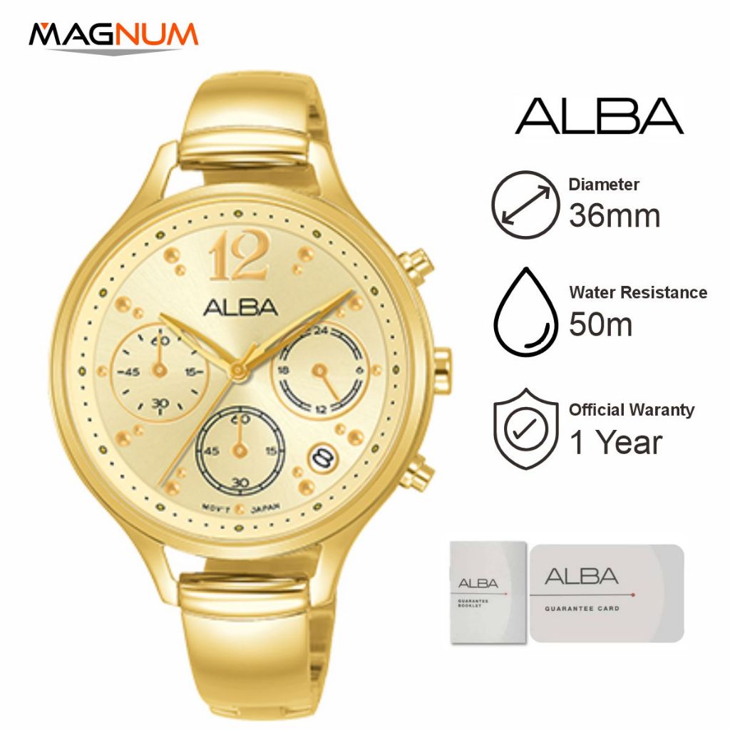 12.12 Jam Tangan Wanita ALBA AT3E98 Chronograph Gold Stainless Steel