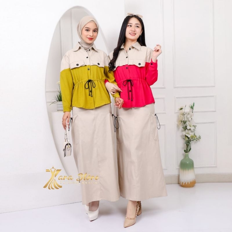 Kimmy One Set Rok Cargo Skrit Setelan Wanita Twill Stretch Cargo