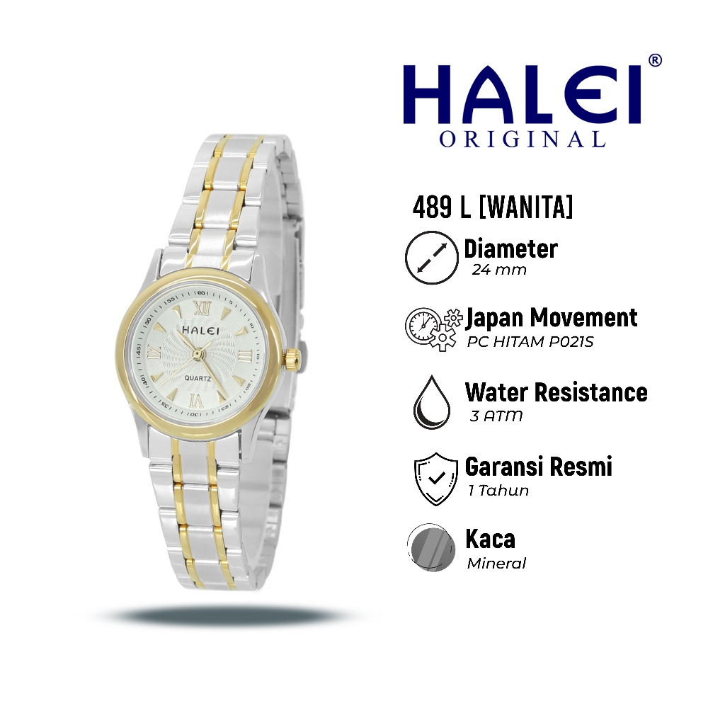 Halei 489 L Jam Tangan Wanita Halei Original Fashion Anti Air Rantai Stainless Back Analog Kekinian