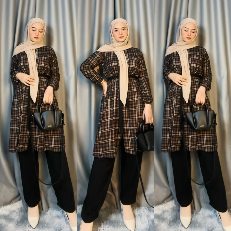 One Set Tunik kotak Setelan Tunik Celana Setelan Motif cantik