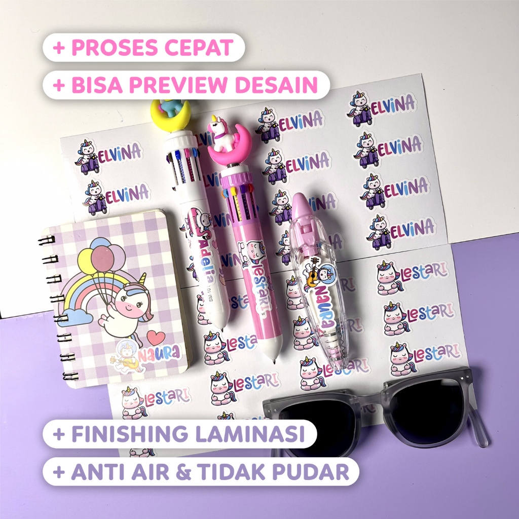 

Stiker Nama Anak Gambar Unicorn, Bahan Vinyl Laminasi Ukuran 2x5cm