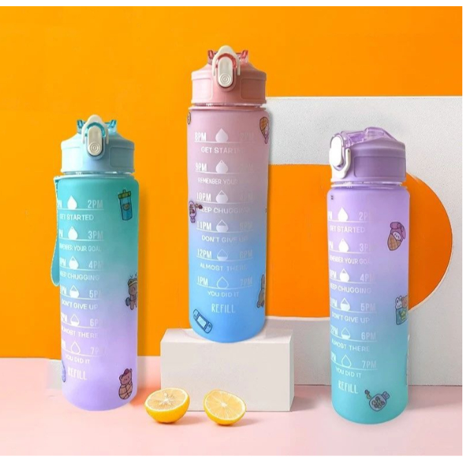 BOTOL MINUM TRITAN TIMER GRADASI WARNA PELANGI BOTOL MINUM VIRAL 1 LITER