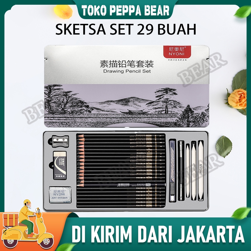 

Nyoni sketsa pensil matte sketsa pemula pensil arang kotak pena karet pena kertas spons pena bola set pisau