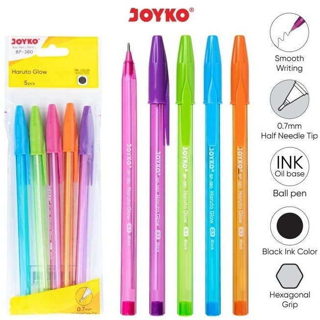 

(PERPAK) Ball Pen Pulpen Pena Joyko BP-380 Haruto Glow 0.7 mm 1 Set 5 Pcs