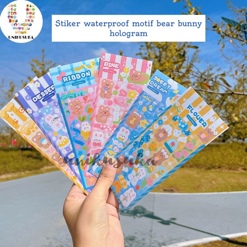 

[UNIKUSUKA] Stiker Waterproof Hologram kartun bear bunny kelinci anti air scrapbook, Stiker Botol lucu stiker buku