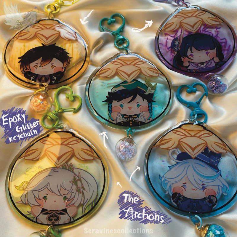 [Seravine] Genshin Impact Epoxy Glitter Keychain- Bottled Up Archons {Venti, Zhongli, Raiden, Nahida