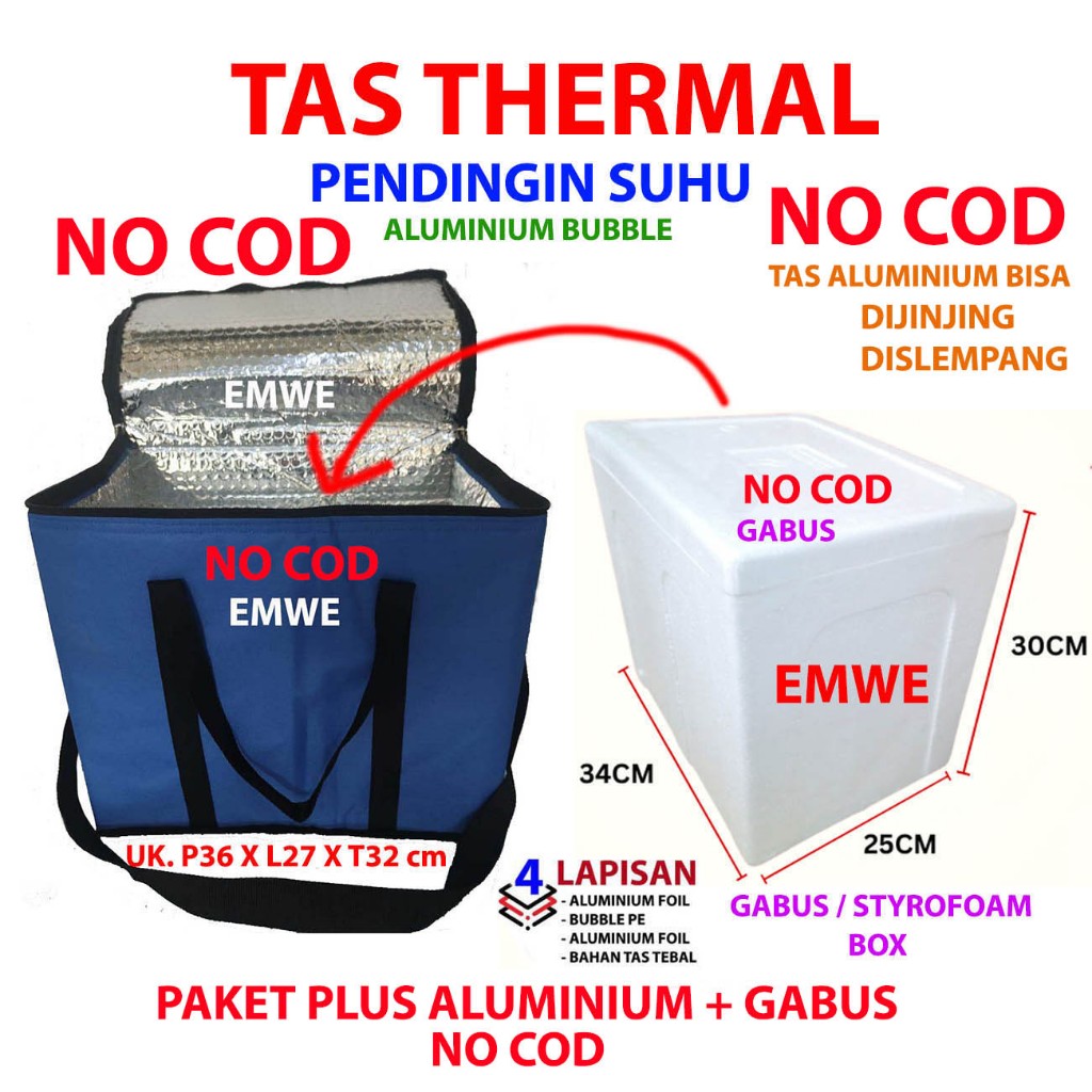 NO COD PAKET Tas aluminium bekal Es Ukuran 35 x 26 x 31cm + Gabus sterofoam styrofoam box kotak tang