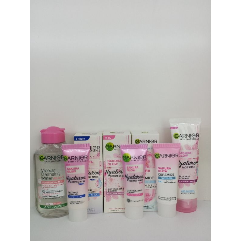 Paket 5in1 Garnier Sakura Glow + New Gel Sakura Glow Ceramide Original Bpom (UV,Night,Gel,facial was