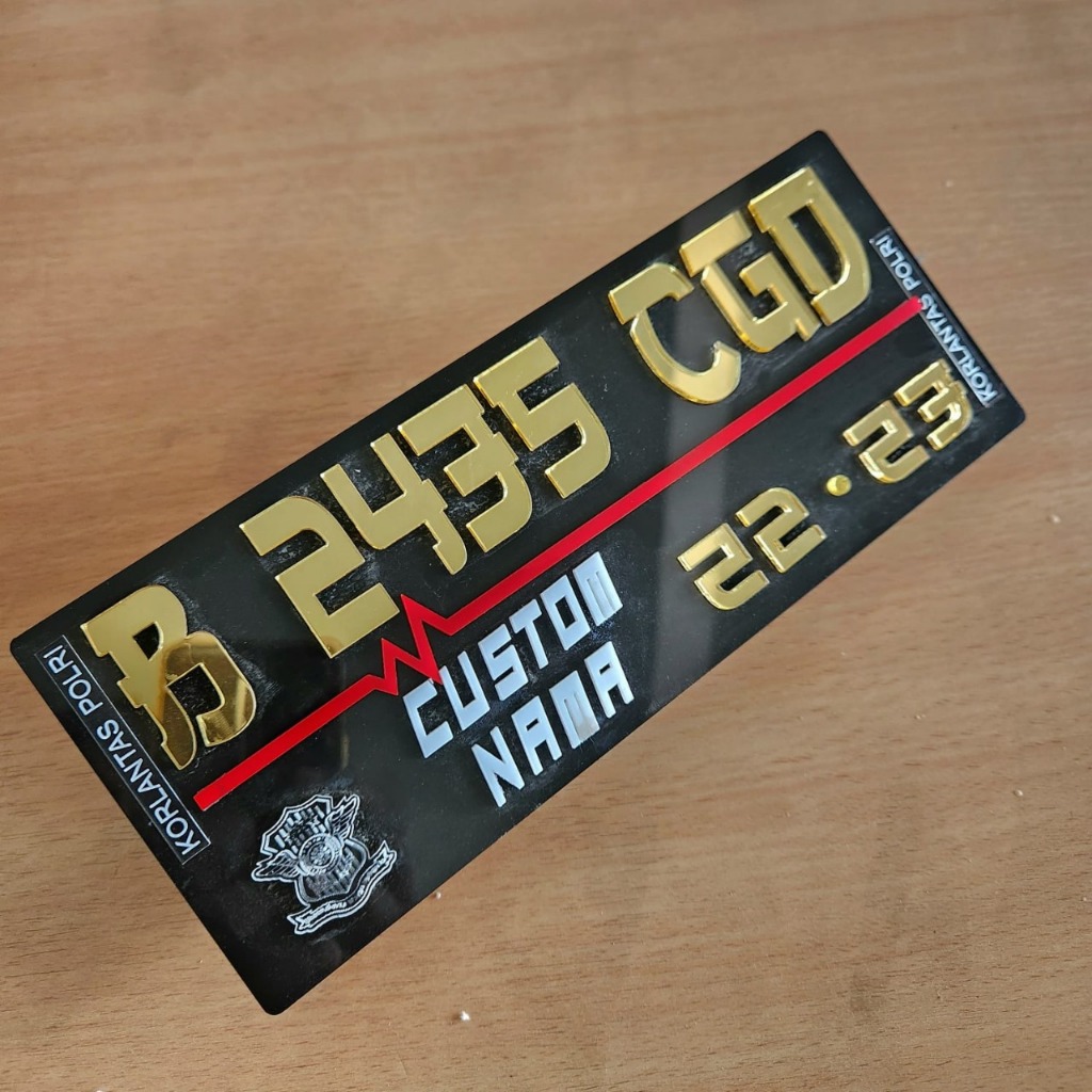 Plat Akrilik Hitam Timbul Variasi Motor Angka Gold Chrome