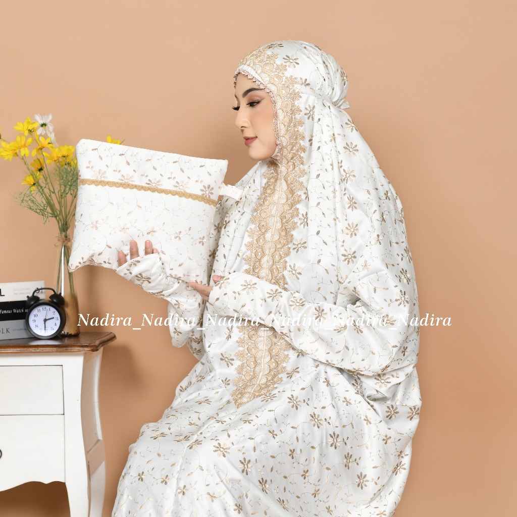 NADIRA-Mukena Dewasa Terusan Prada Renda-Mukena Sutra Paris Milo & Putih.
