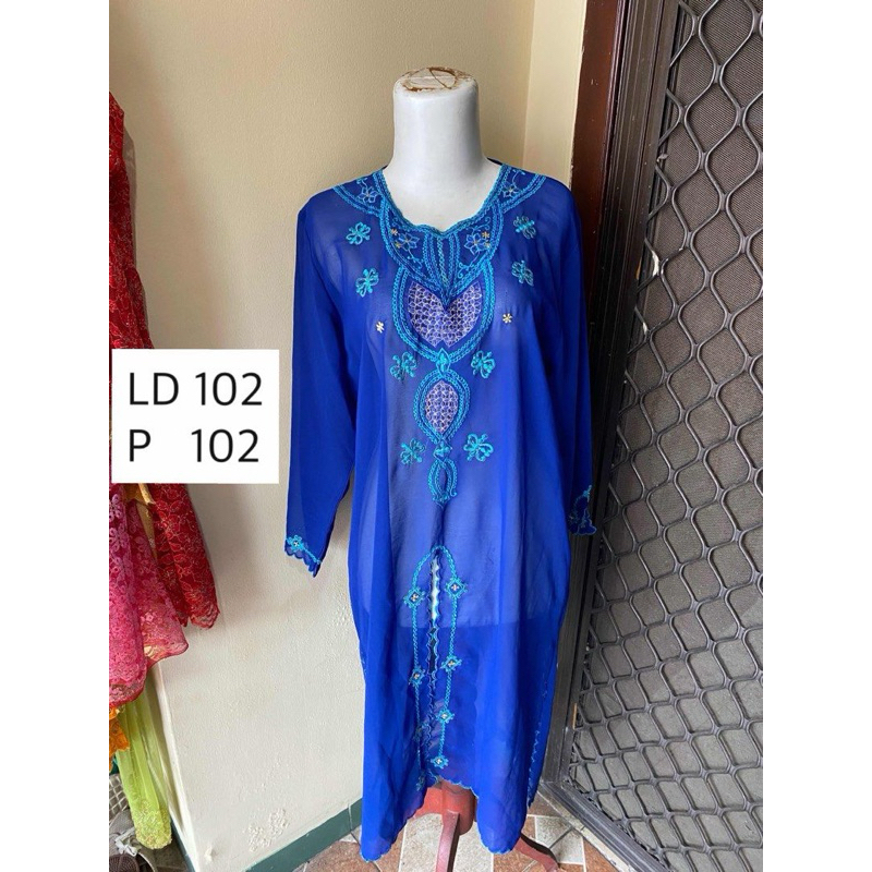 Kaftan Biru Tunik Baju Muslimah Bordir Nerawang Transparan Manis - preloved