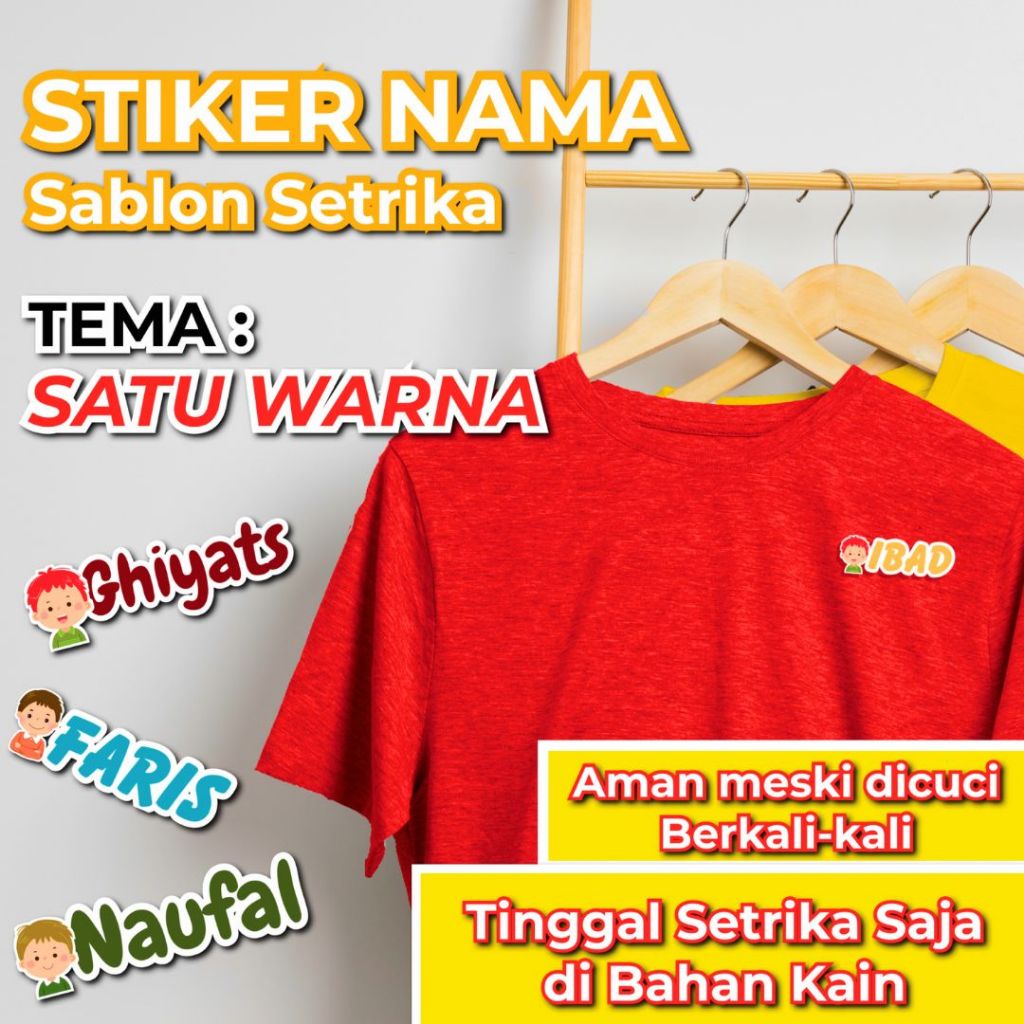 

(1WARNA NONISLAMI) Stiker Custom Kaos Anak, Stiker Nama Label Waterproof Sticker Kain Baju ISI 50pcs