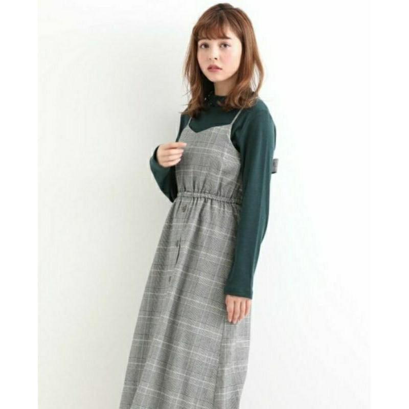 OVERALL DRESS HOUNDSTOOTH MIDI TWEED GREY SMOCKED KOREA