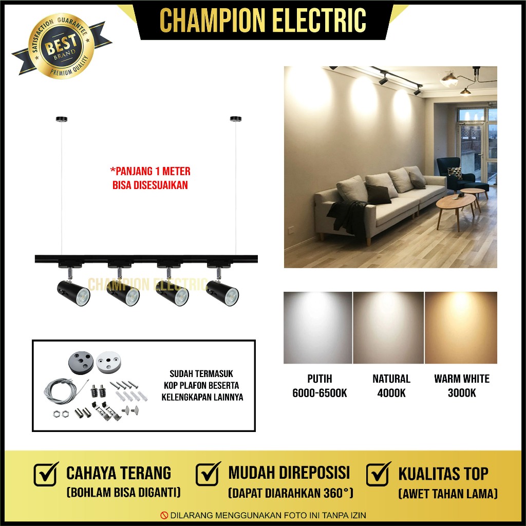 Lampu Rel Track LED Sorot Gantung – Paket 4 Lampu LED Bisa Diganti