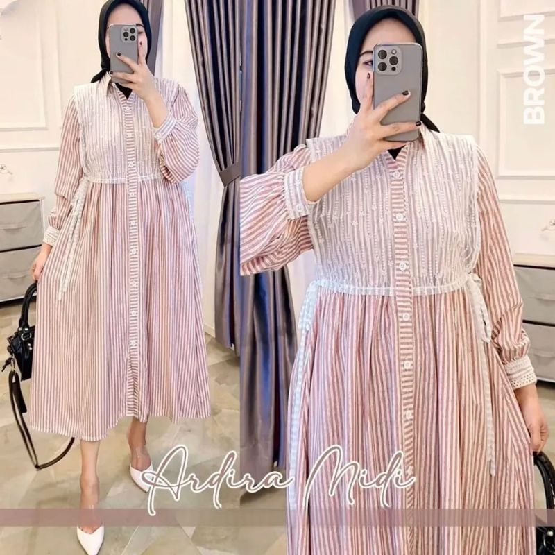 Dress midi motif salur / Dress dewasa / Dress motif / Dress midi kekinian / Dress wanita muslim