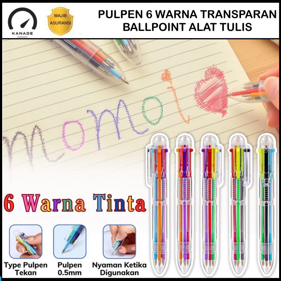 

Pulpen 6 Warna isi Tinta 6in1 Pena 0.5mm Ballpoint Perlengkapan Menulis Multicolor Pen Case Transparent Transparan Bolpen Mix Colour Alat Tulis Kantor Sekolah Warna Warni