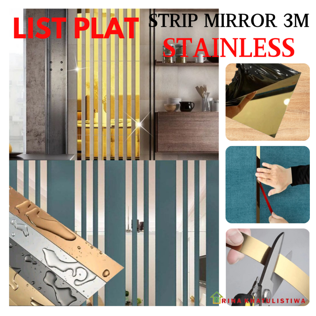 List Plat Strip Mirror Stainless Stiker Panjang 3meter Bahan Baja Dekorasi Interior Dinding