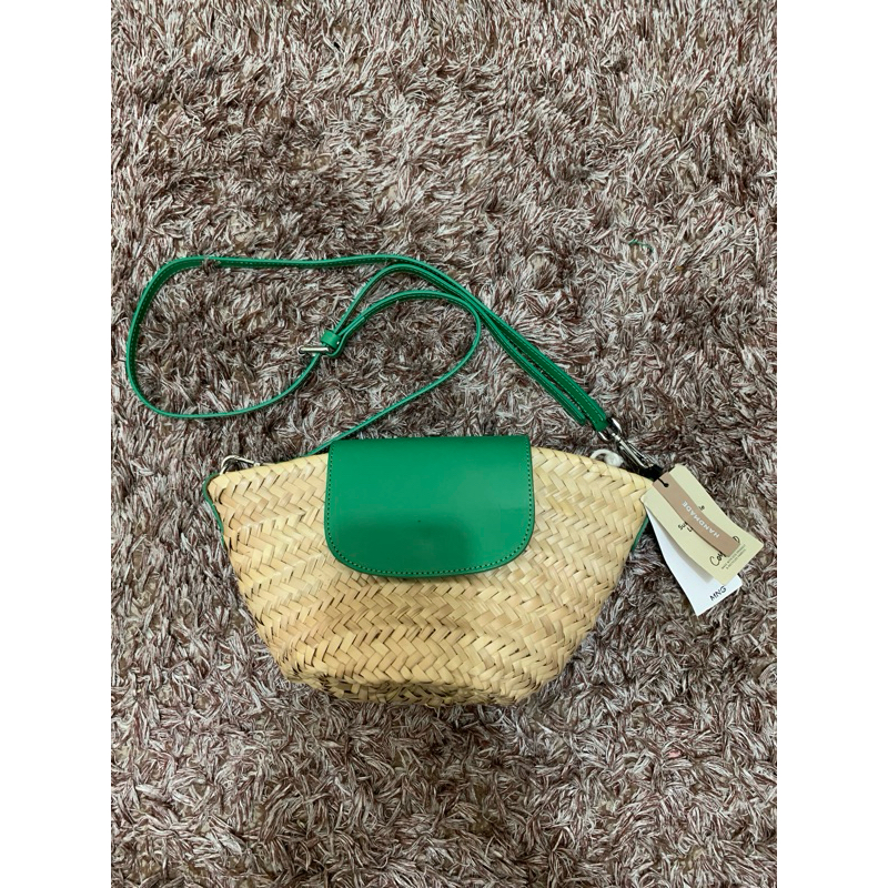 MANGO Leather Flap Raffia Bag