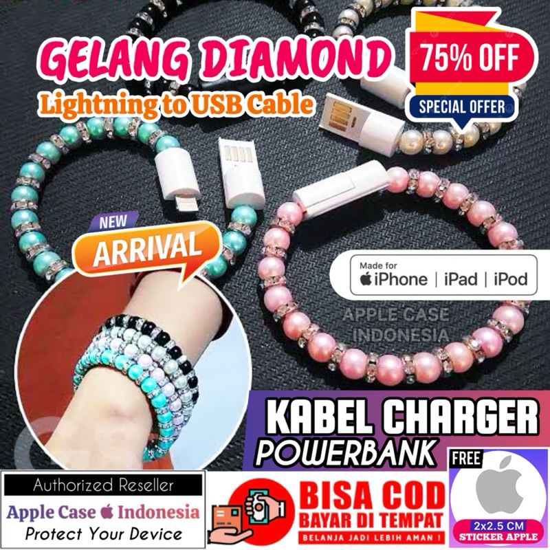 [COD] Free Stiker 2.1A Bracelet Cable Style Manik Diamond Mutiara Aksesoris Fashion Kekinian Lightni