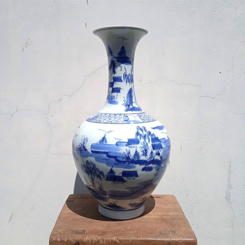 Antik Guci Vas Porselen Cina Lukis Biru Putih T.36cm Utuh