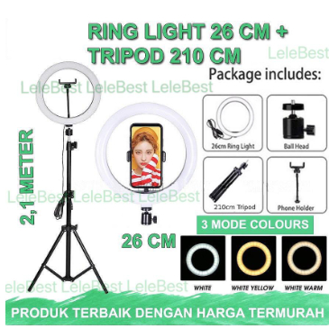 Paket Komplit Ringlight 26cm + Tripod / Make Up Vlog Lampu Ringlight Murah