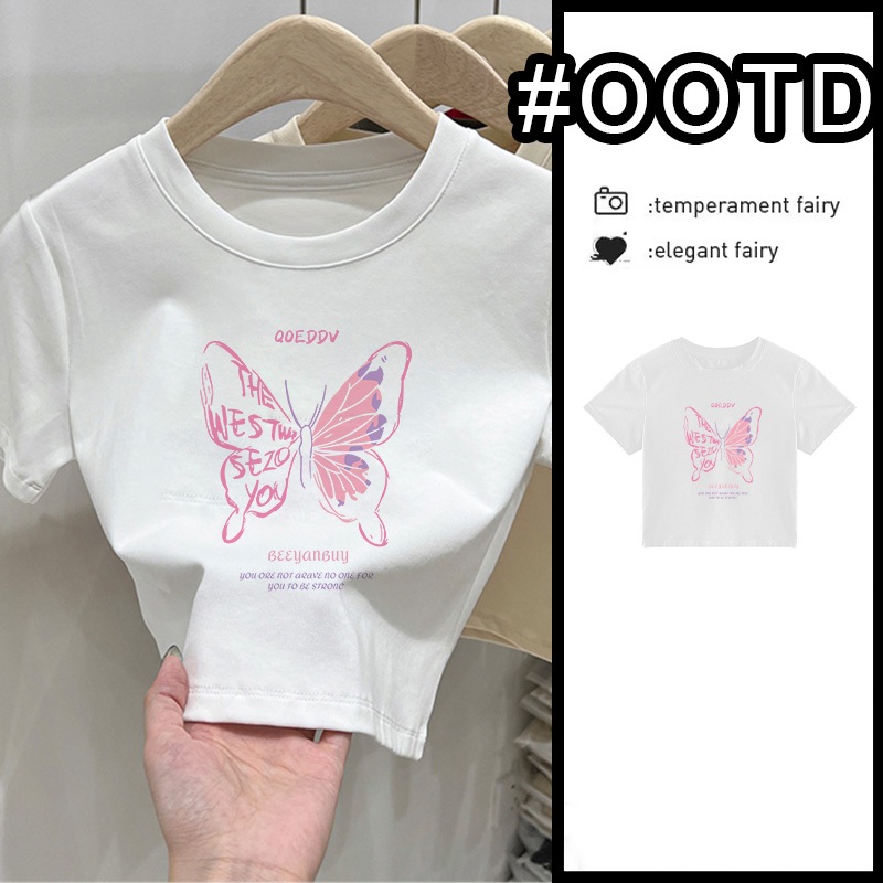 Baju Pendek Wanita Crop Top Ketat Putih Polos Wanita Korea Print Street Style Baju Basic Crop Top