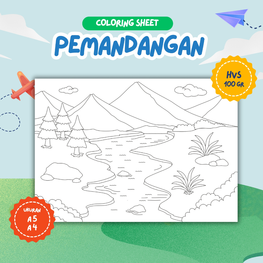 

Kawan Pustaka - Lembar Mewarnai/Kertas Mewarnai/Coloring Sheet - Tema Pemandangan - Ukuran A4 & A5 - Kertas HVS Tebal 100 gram