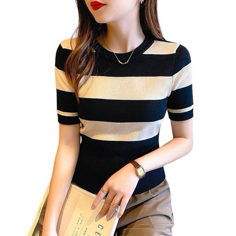 Pakaian Striped Wanita Garis garis Baju Atasan Lengan Pendek Stripe Kaos Salur Wanita Rajut Tebal Pr