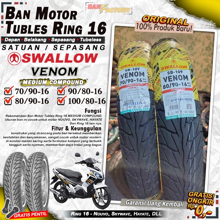 BAN MOTOR MATIC TUBLES SWALLOW VENOM RING 14 BAN MOTOR DEPAN BELAKANG NOUVO SKYWAVE RING 16