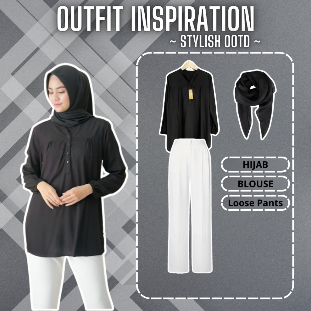 3 IN 1 Oneset Setelan Wanita Hijab - Blouse Hitam + Kulot HW Putih + Hijab Bella Trend OOTD - TP041