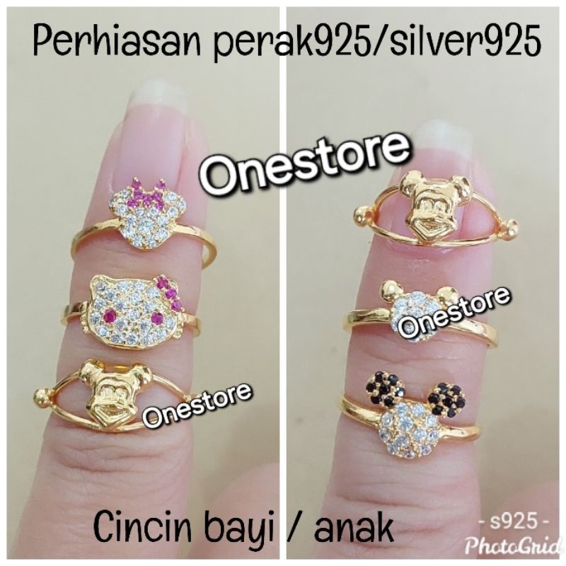 Cincin Perak Silver 925 Lapis Emas Kuning Cincin Anak hellokitty. mickey mouse CCGB