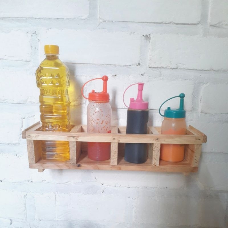 Rak Botol 4 Ruang Rak Minyak Saus Kecap Holder Botol Kayu Estetik