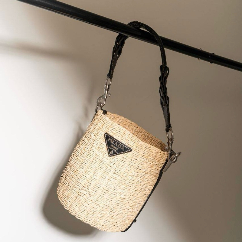 Original Prada Woven Corn Husk Raffia and Braided Leather Bucket Bag