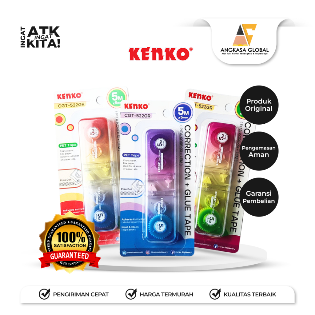 

KENKO PITA KOREKSI/ CORRECTION TAPE & LEM ROLL/ GLUE TAPE CGT-522GR [5M x 5mm] (1PC)