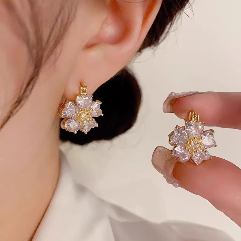 anting Double sided cat's eye zircon flower earrings asli ori Anting bunga manis titanium original