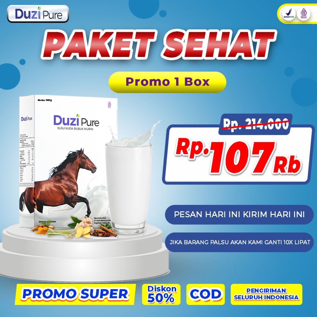 

Duzi Pure - Susu Kuda Lombok Kalsium Atasi Nyeri Sendi, Asam Urat, Kebas & Kesemutan Original 1 Box