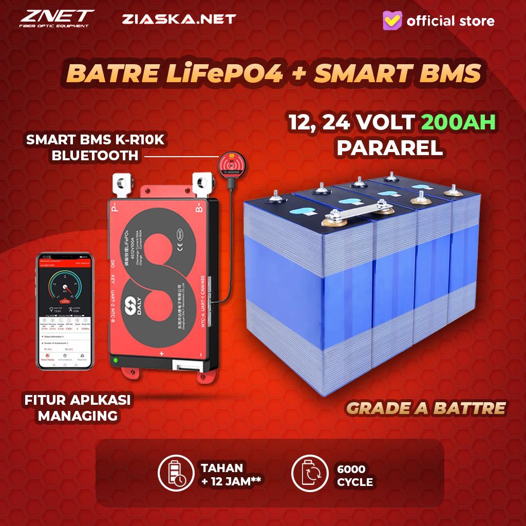 Battery Batre Lifepo4 200Ah 12V 24V 48V dengan DALY BMS SMART 4S 8S 16S Bluetooth BATRE GRADE A 6000