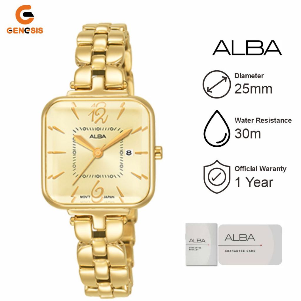 Jam Tangan Wanita ALBA AH7R66 Strap Stainless Steel Dial Kotak Gold Original Garansi Resmi