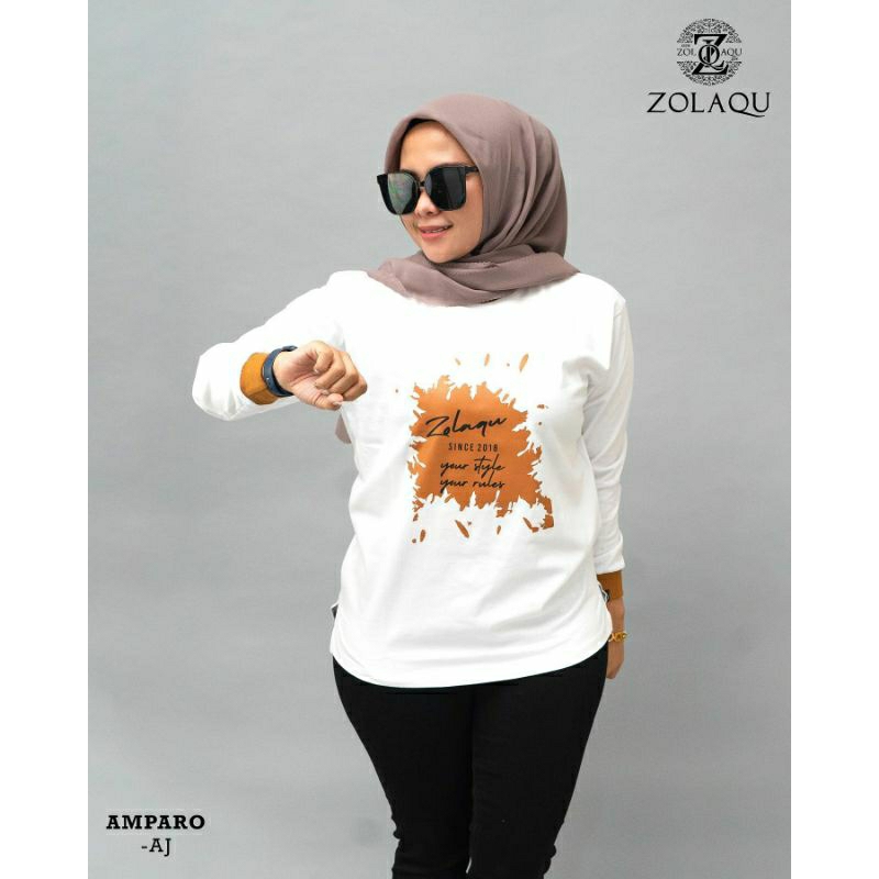 BAJU ATASAN KAOS DISTRO ZOLAQU POLOS TSHIRT PUTIH AMPARO TEBAL ZLQ WANITA LENGAN PANJANG KOMBINASI S