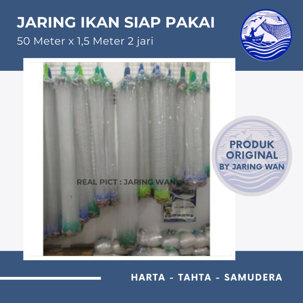 Jaring ikan siap pakai 50x1,5m lubang 2 jari senar 0.20