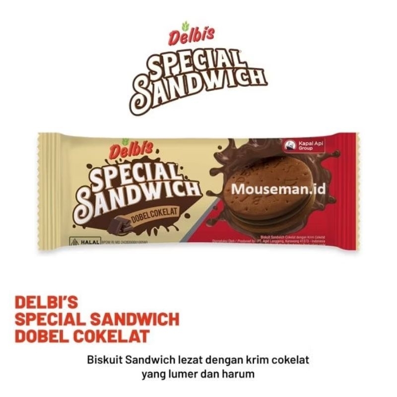 

GRNJL Delbis SPECIAL SANDWICH DOBEL COKELAT Wafer Biskuit Sandwich Cokelat dengan Krim Cokelat 19gr