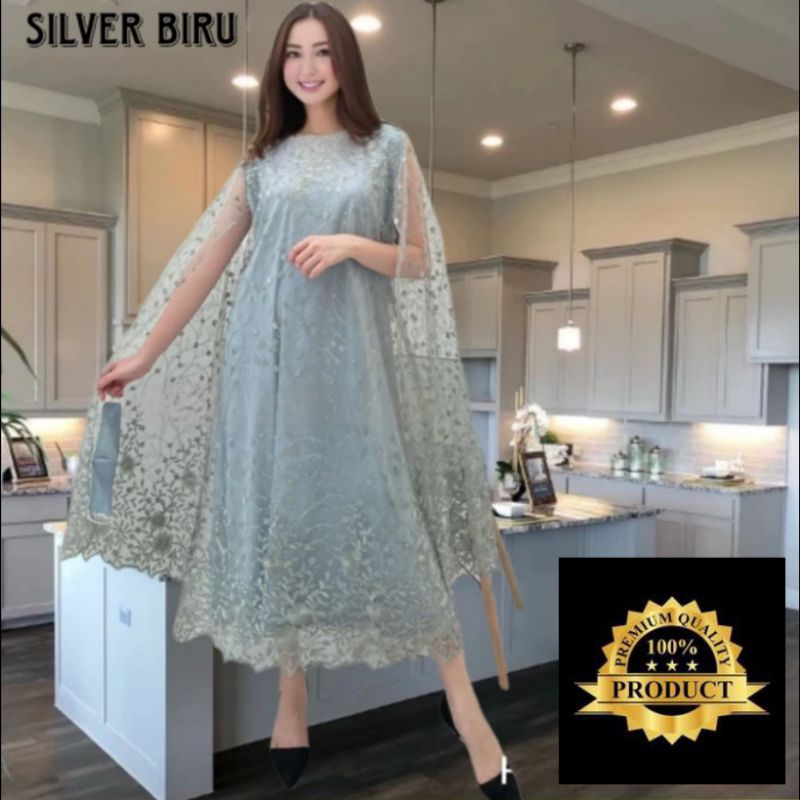 Baju Gaun Pesta Wanita  Brukat Midi LD 98-110 Dress Korea Natal Silver Biru