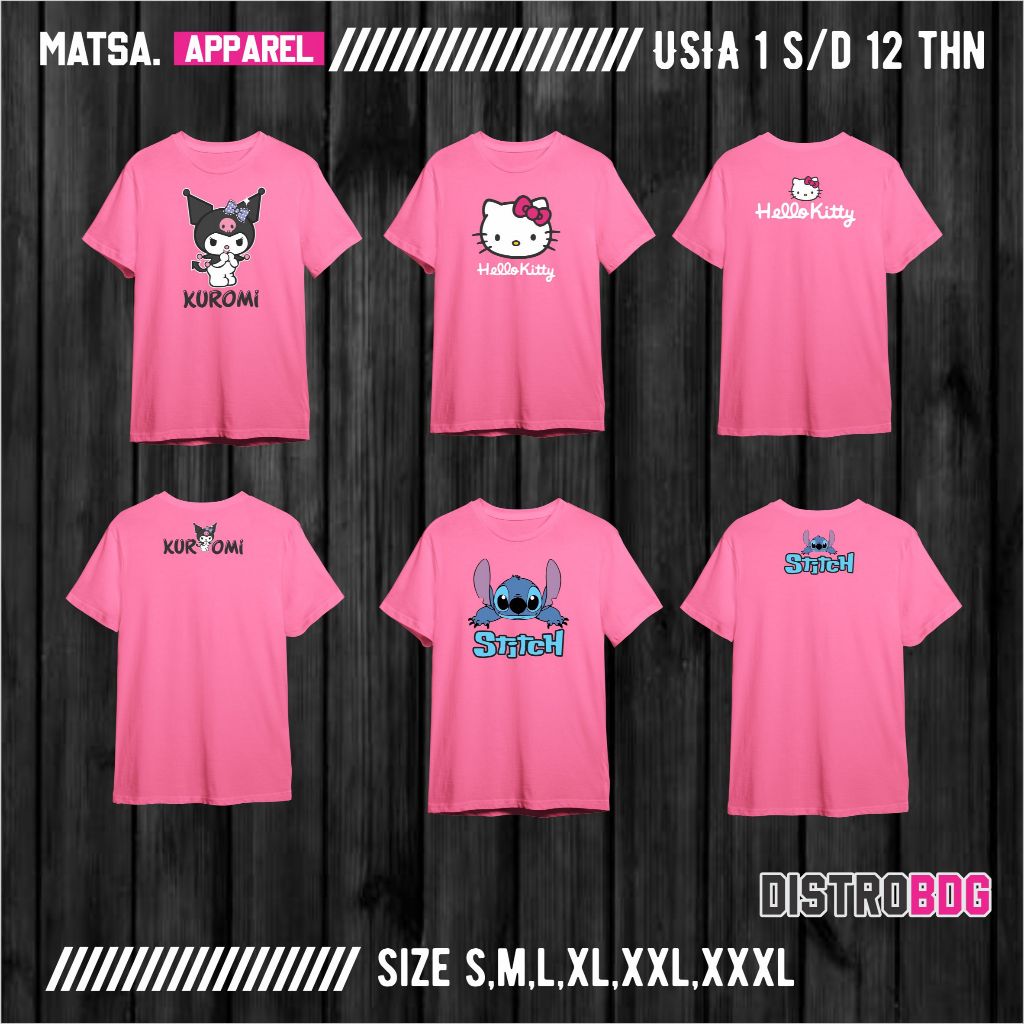 KAOS ANAK PEREMPUAN WARNA PINK USIA 1 s/d 12 TAHUN / KAOS PINK KUROMI, HELO KITTY, STICH