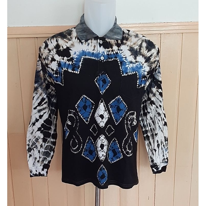 Kaos Sasirangan Pria Kerah Kaus Olahraga Jogging Jalan Santai Casual Motif Batik Lengan Panjang Berk