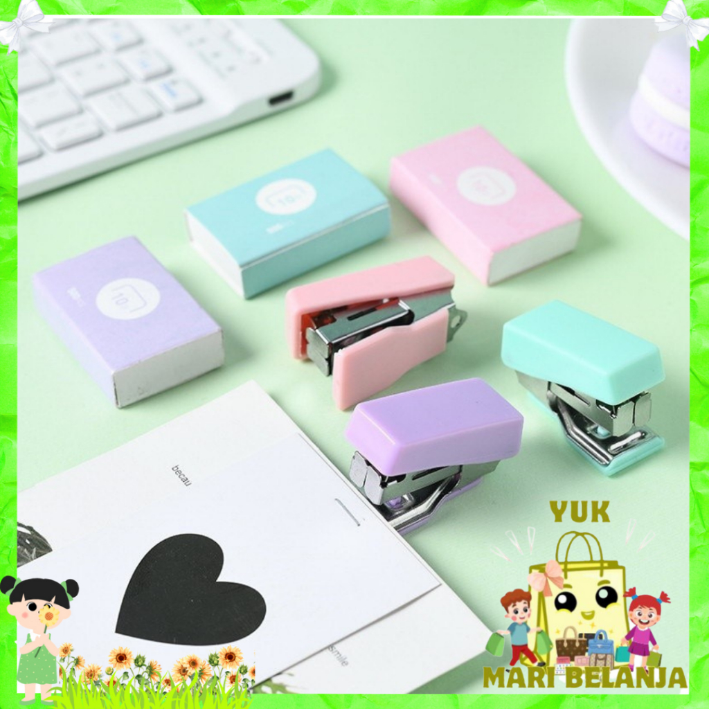 

YMB Mini Stapler Set Macaron Color Staples Mini Ukuran Kecil Unik Kemasan Box Lucu Free Isi Warna Pastel Perlengkapan Kantor