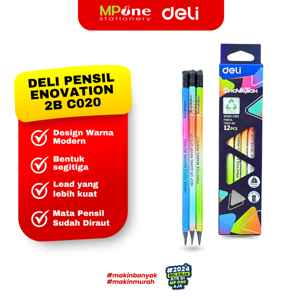 

(1 KOTAK) Deli Pensil 2B Cover Gradasi Enovation EC020 / Pensil Wood Kayu Triangular Siap Pakai Free Penghapus